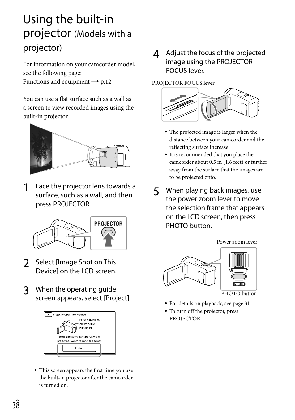 On (38), Using the built-in projector, Models with a projector) | Sony HDR-CX430V User Manual | Page 38 / 76