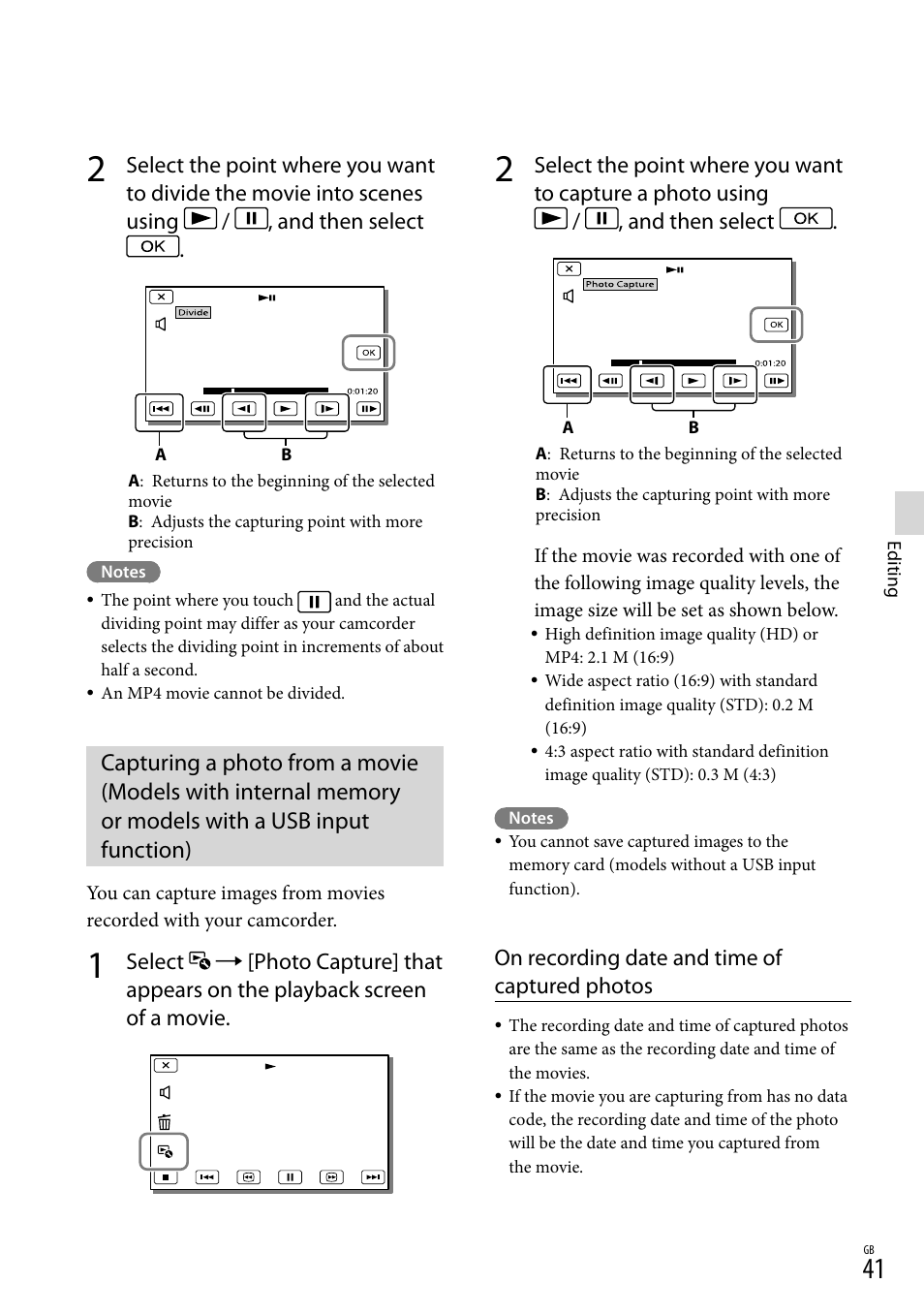 Models with a usb input function), On recording date and time of captured photos | Sony HDR-CX430V User Manual | Page 41 / 76