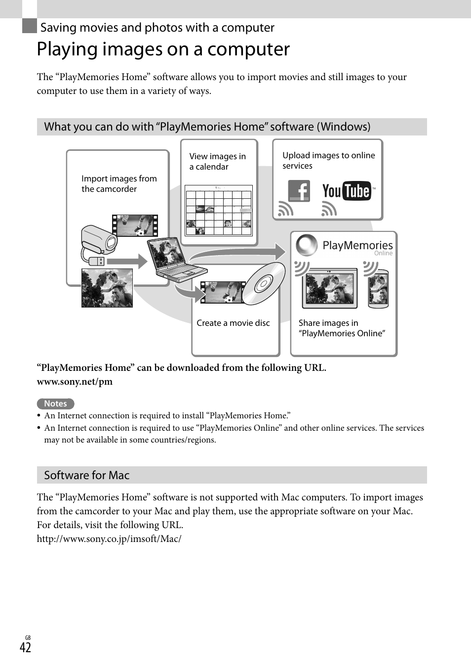 Saving movies and photos with a computer, Playing images on a computer, Software for mac | Saving movies and photos, With a computer | Sony HDR-CX430V User Manual | Page 42 / 76