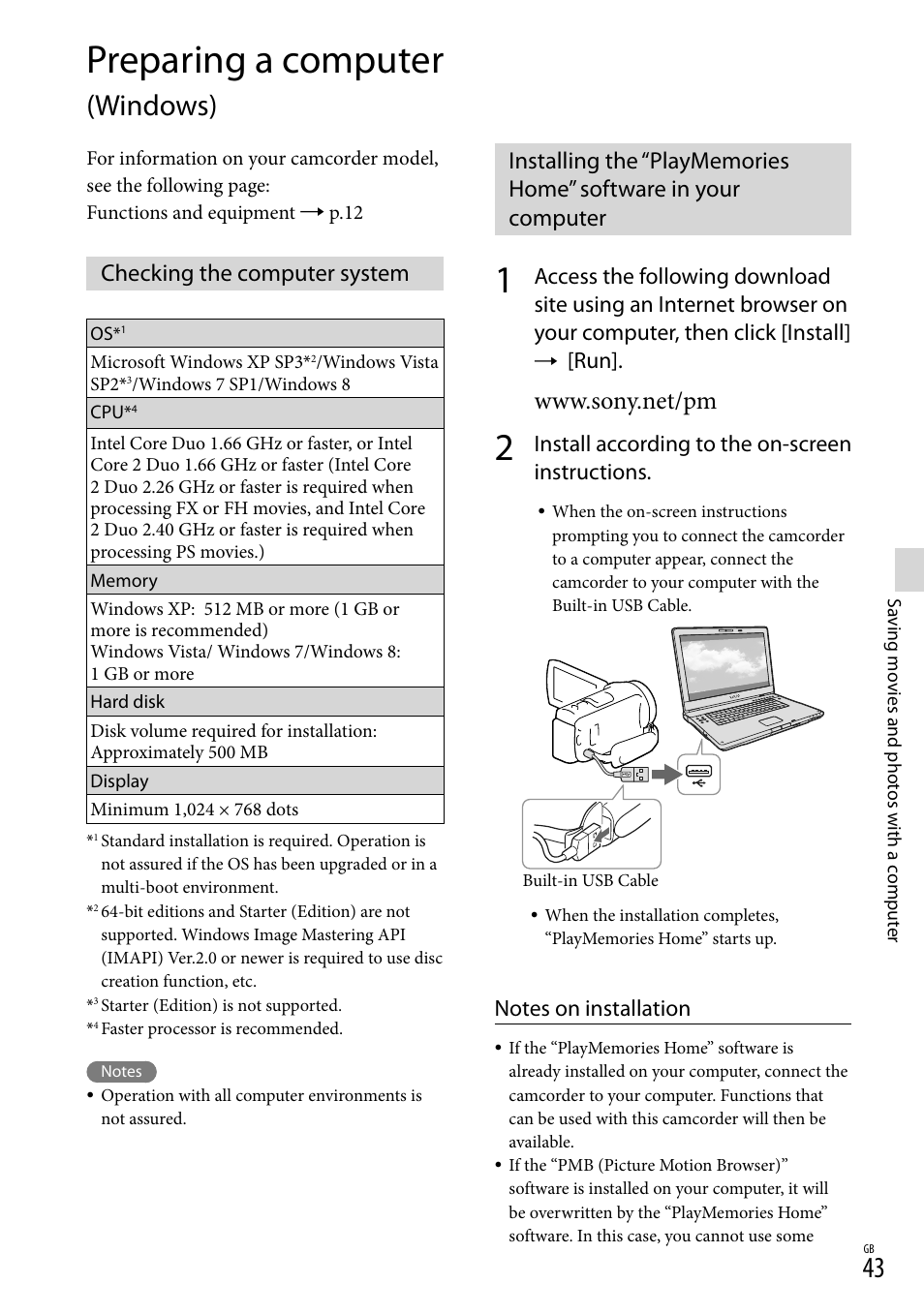 Preparing a computer (windows), Checking the computer system, Preparing a computer | Windows), Install according to the on-screen instructions | Sony HDR-CX430V User Manual | Page 43 / 76