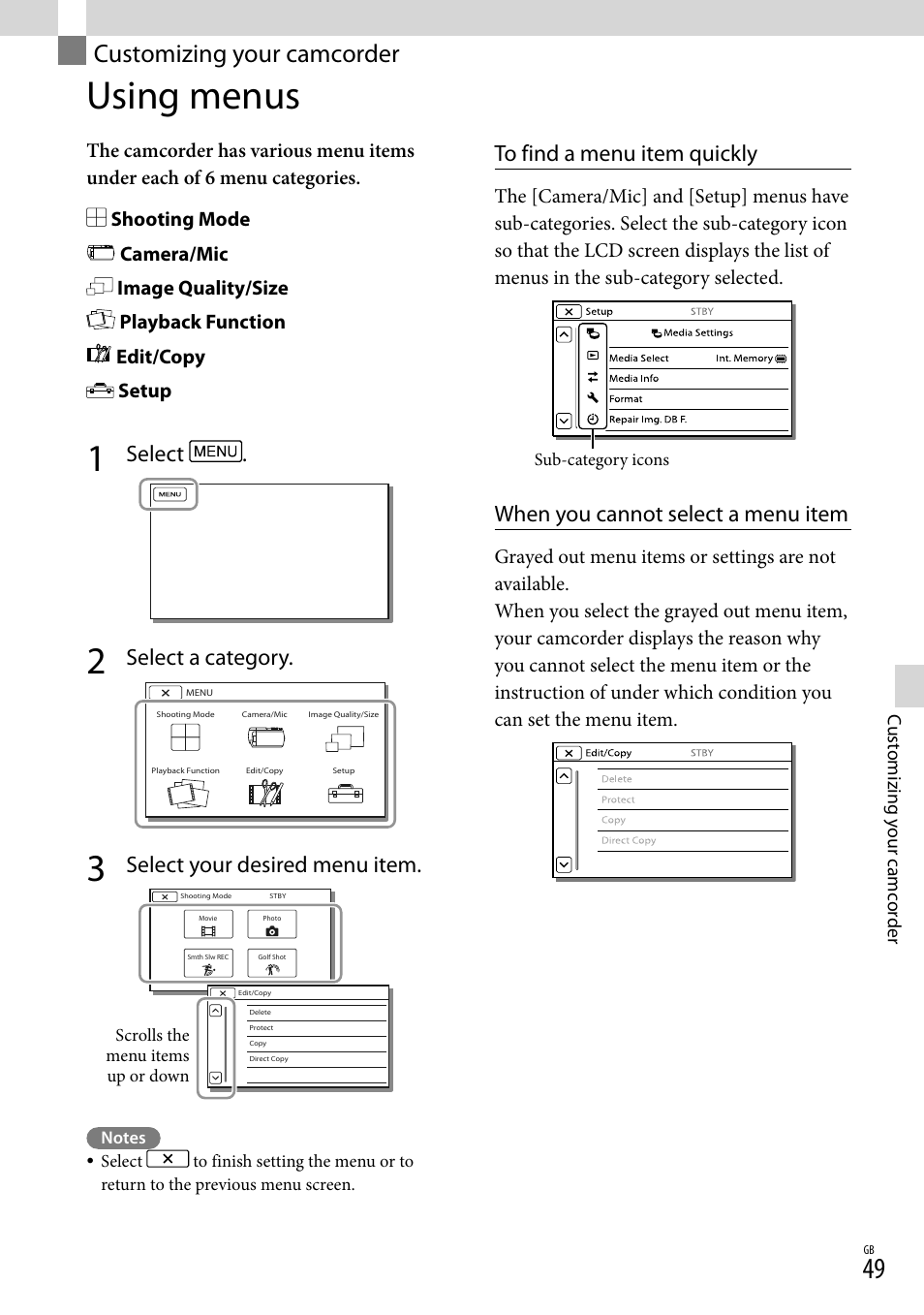 Customizing your camcorder, Using menus, N (49) | Select, Select a category, Select your desired menu item, When you cannot select a menu item | Sony HDR-CX430V User Manual | Page 49 / 76