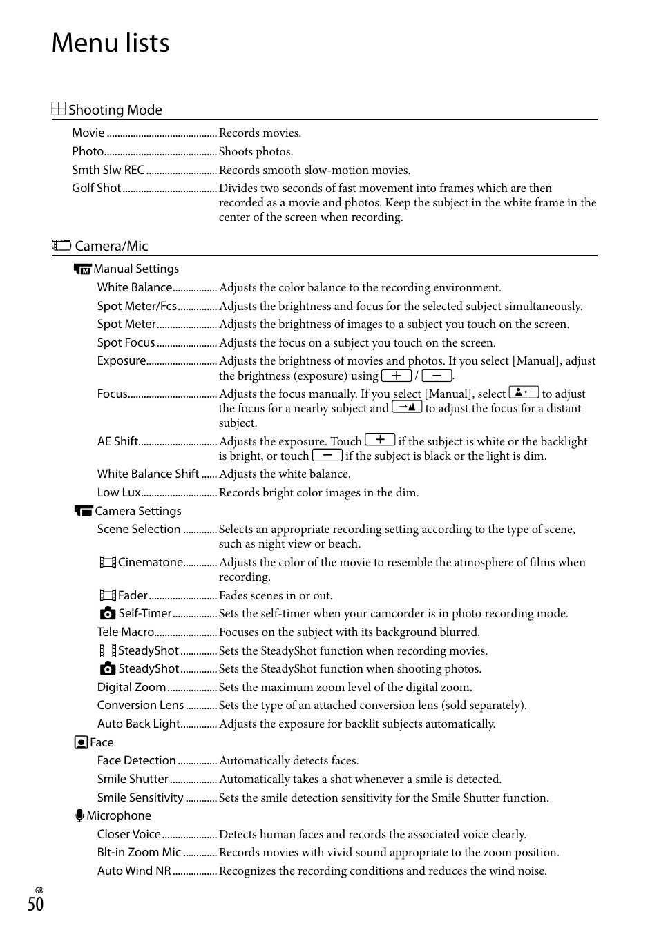 Menu lists, 50). ([d | Sony HDR-CX430V User Manual | Page 50 / 76