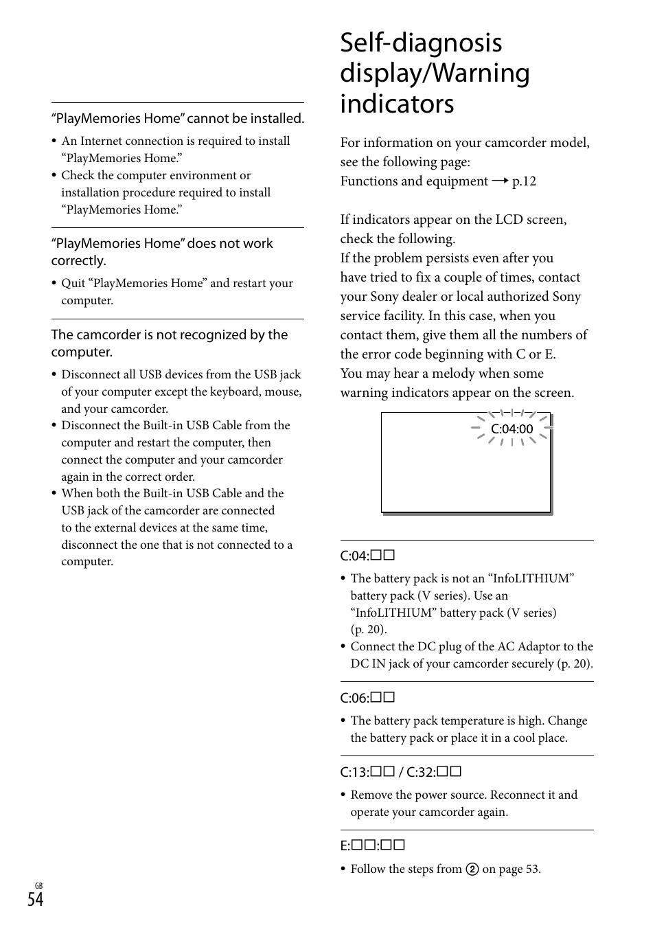 Self-diagnosis display/warning indicators | Sony HDR-CX430V User Manual | Page 54 / 76