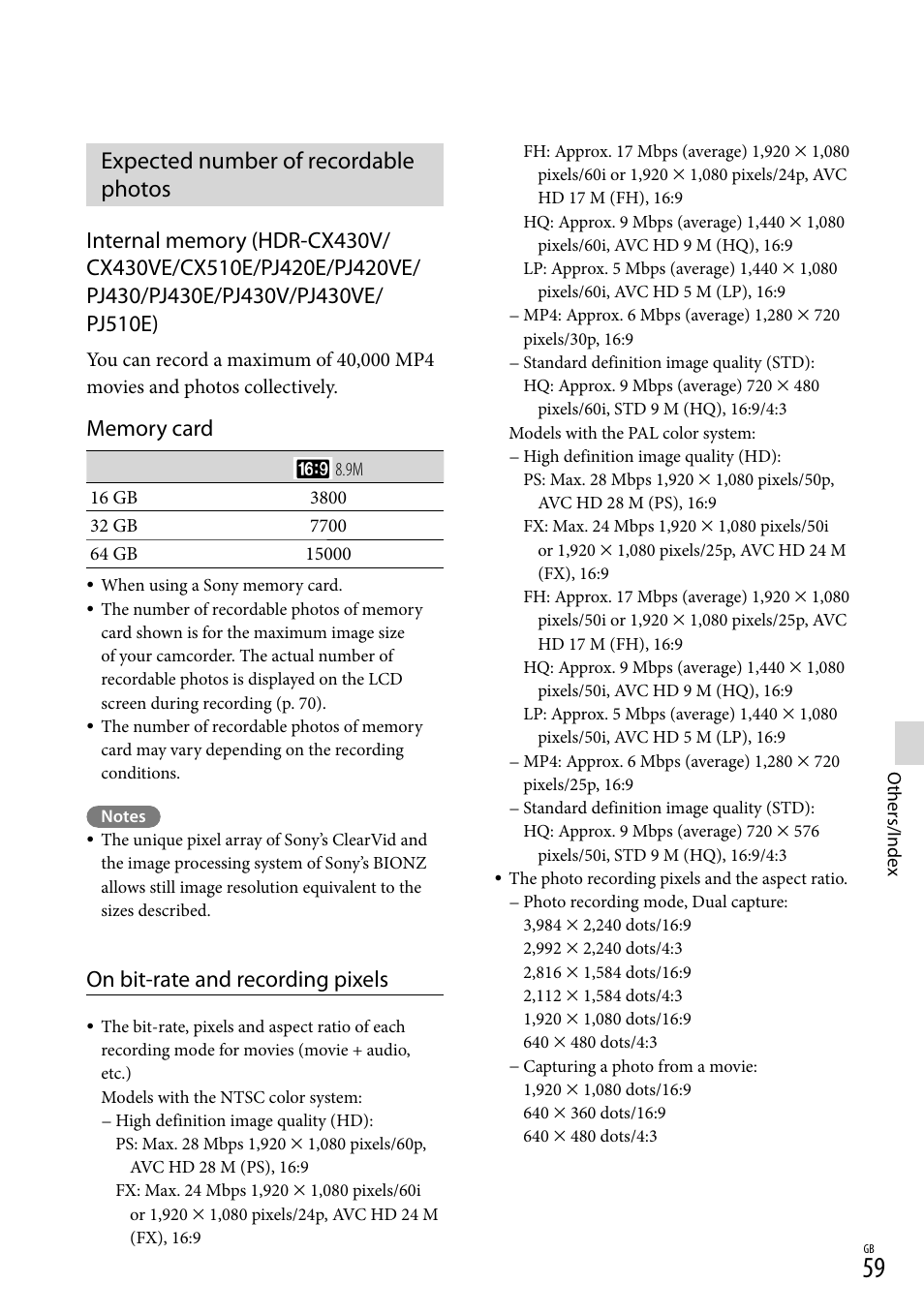 Expected number of recordable photos, On bit-rate and recording pixels | Sony HDR-CX430V User Manual | Page 59 / 76