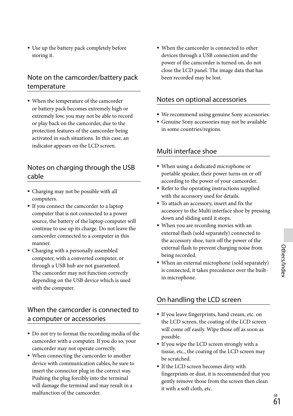Multi interface shoe, On handling the lcd screen | Sony HDR-CX430V User Manual | Page 61 / 76