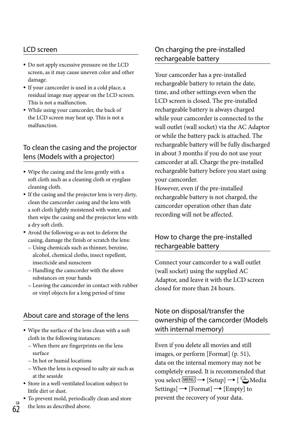 Lcd screen, About care and storage of the lens, On charging the pre-installed rechargeable battery | Sony HDR-CX430V User Manual | Page 62 / 76