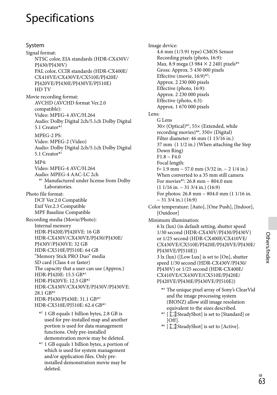 Specifications, System | Sony HDR-CX430V User Manual | Page 63 / 76