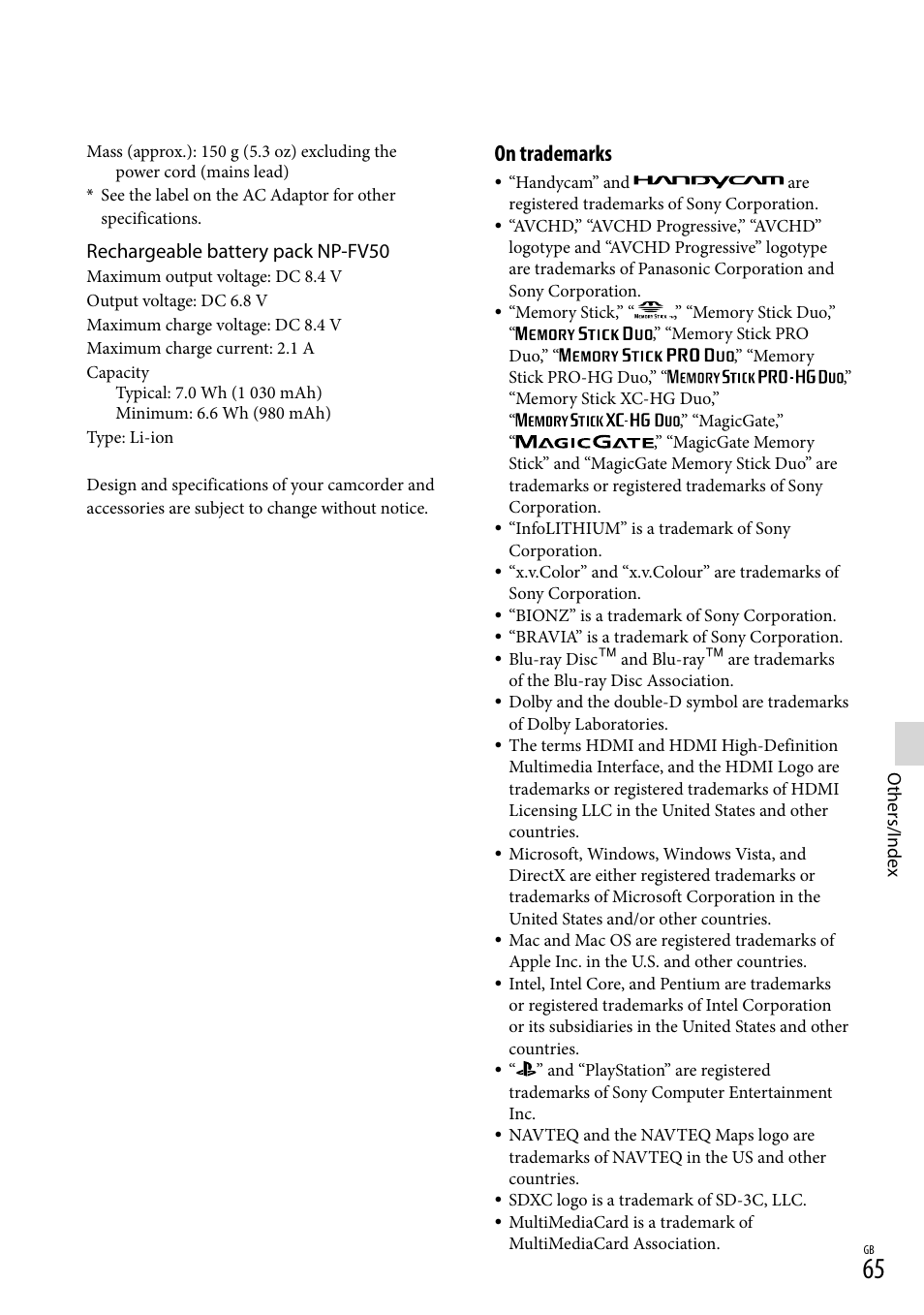 On trademarks, Rechargeable battery pack np-fv50 | Sony HDR-CX430V User Manual | Page 65 / 76