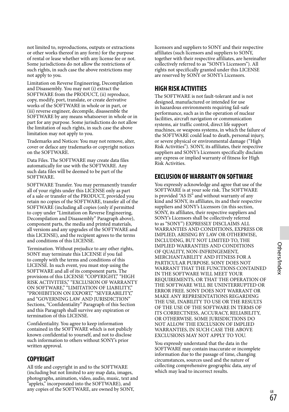 Copyright, High risk activities, Exclusion of warranty on software | Sony HDR-CX430V User Manual | Page 67 / 76
