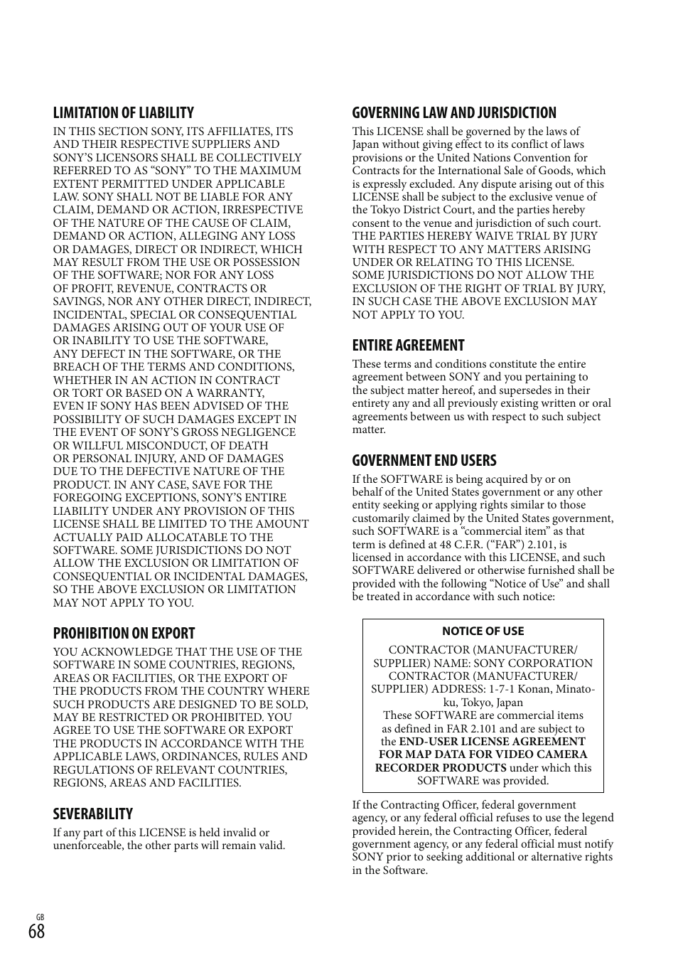 Limitation of liability, Prohibition on export, Severability | Governing law and jurisdiction, Entire agreement, Government end users | Sony HDR-CX430V User Manual | Page 68 / 76