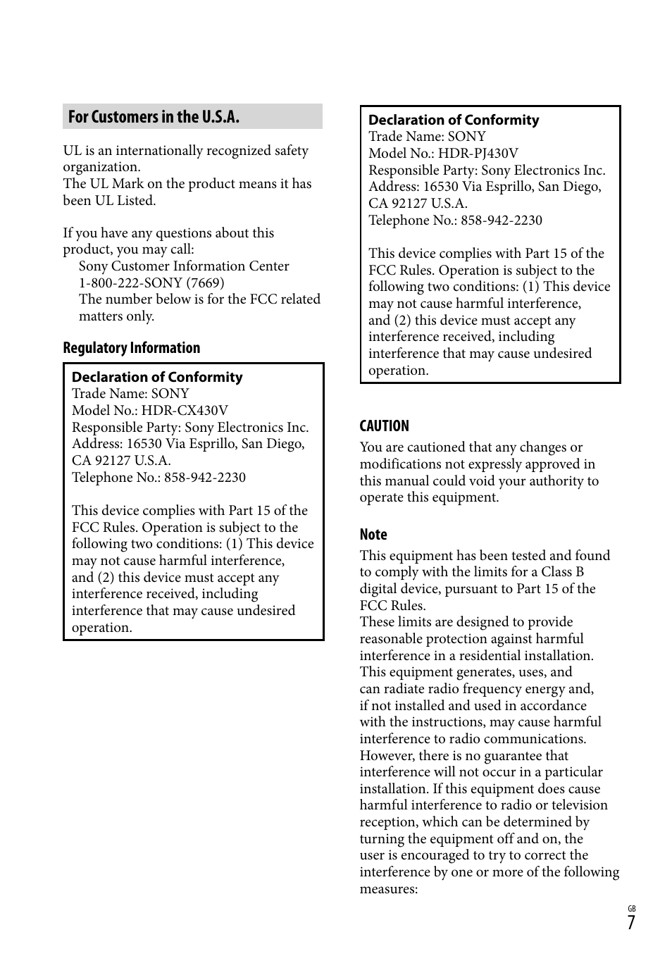 For customers in the u.s.a | Sony HDR-CX430V User Manual | Page 7 / 76