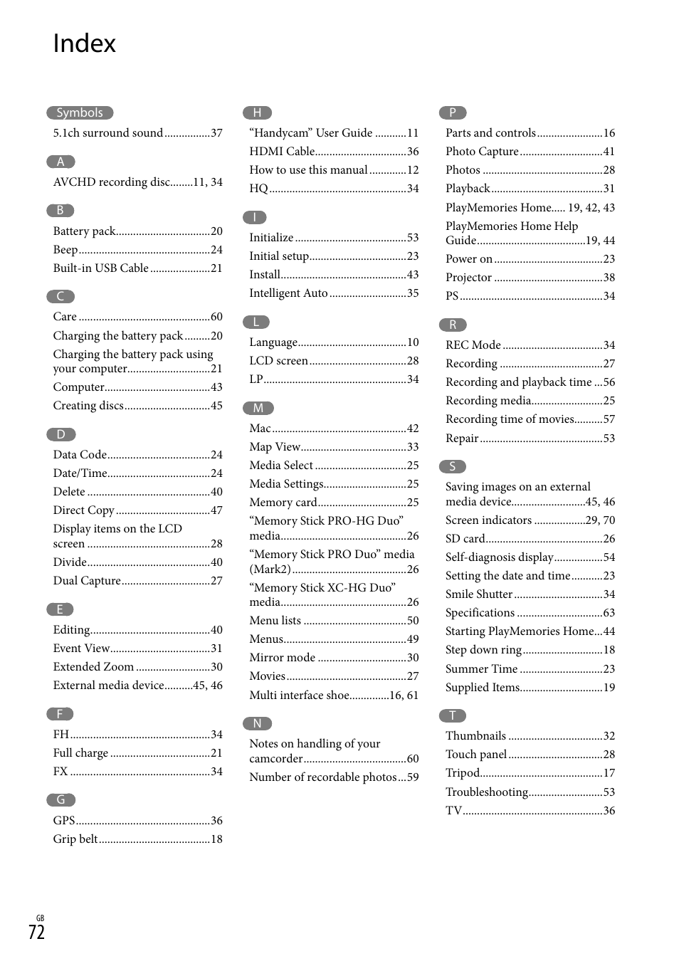 Index | Sony HDR-CX430V User Manual | Page 72 / 76