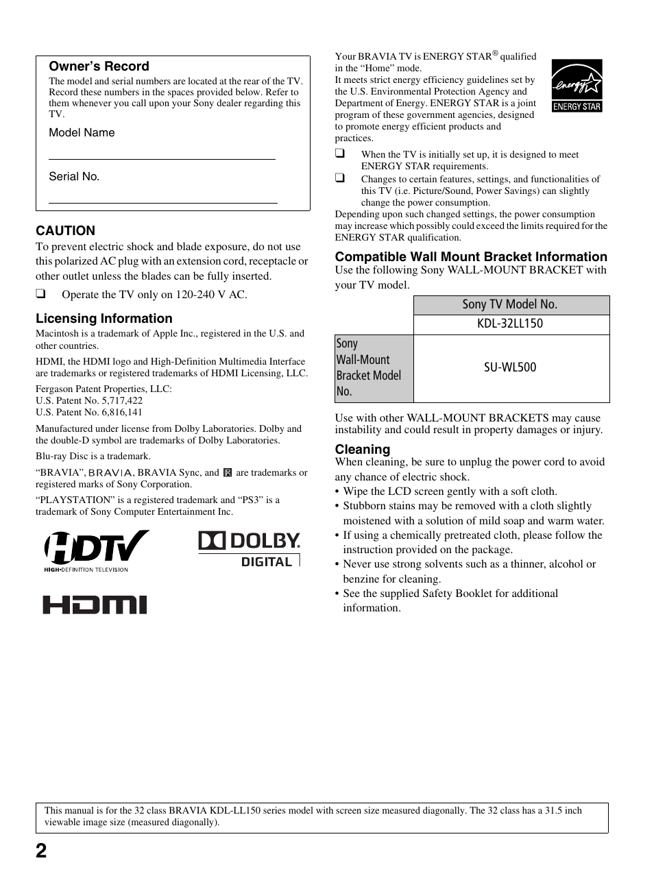 Sony KDL-32LL150 User Manual | Page 2 / 48
