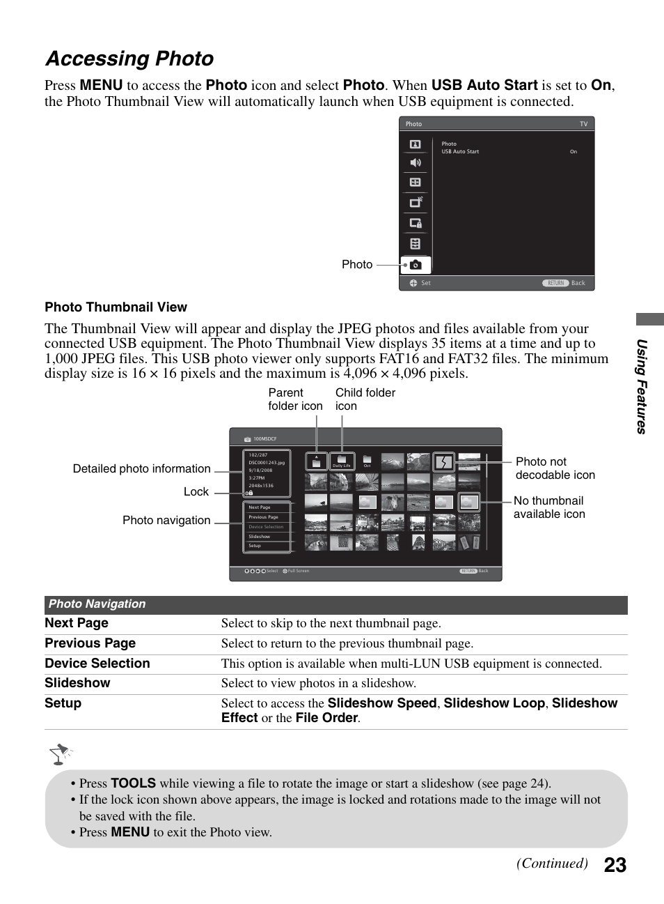 Accessing photo, 23 accessing photo, Continued) | Us ing features, Photo thumbnail view | Sony KDL-32LL150 User Manual | Page 23 / 48