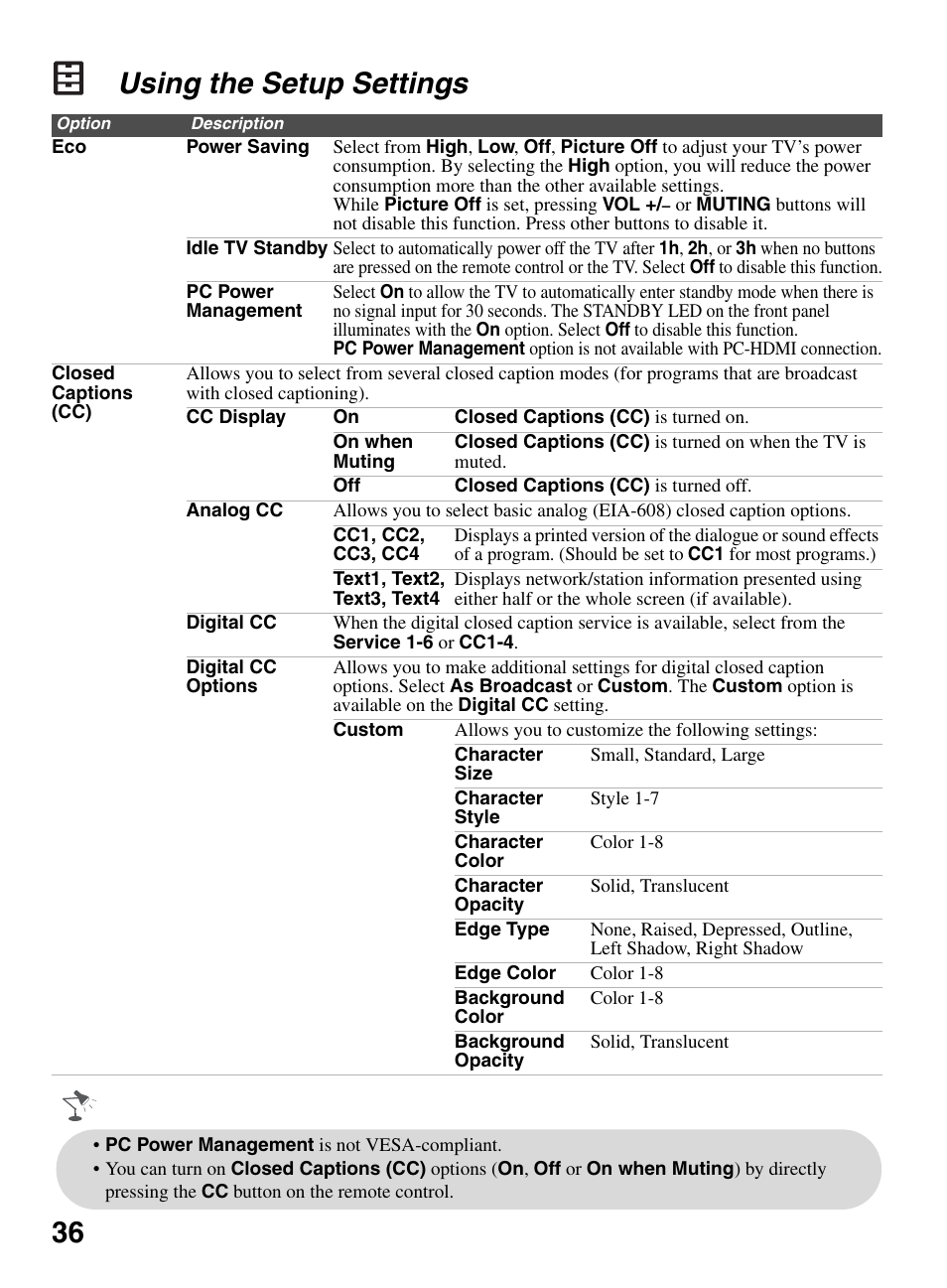 Using the setup settings, 36 using the setup settings | Sony KDL-32LL150 User Manual | Page 36 / 48
