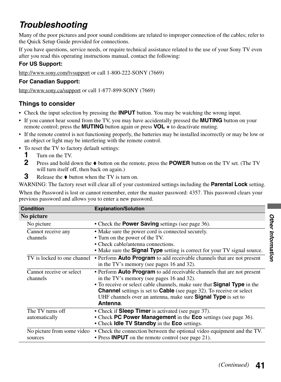 Troubleshooting, 41 troubleshooting | Sony KDL-32LL150 User Manual | Page 41 / 48