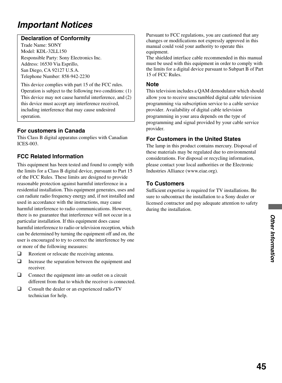 Important notices, 45 important notices | Sony KDL-32LL150 User Manual | Page 45 / 48