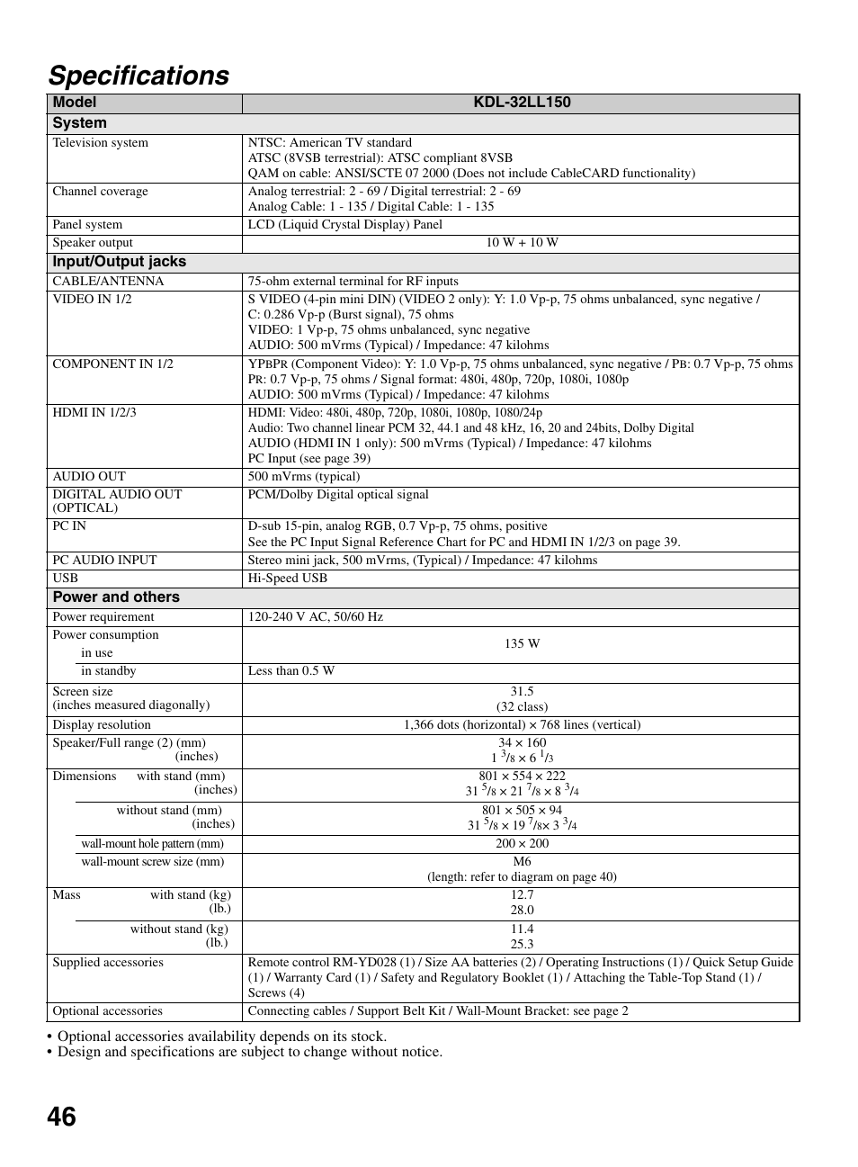 Specifications, 46 specifications | Sony KDL-32LL150 User Manual | Page 46 / 48