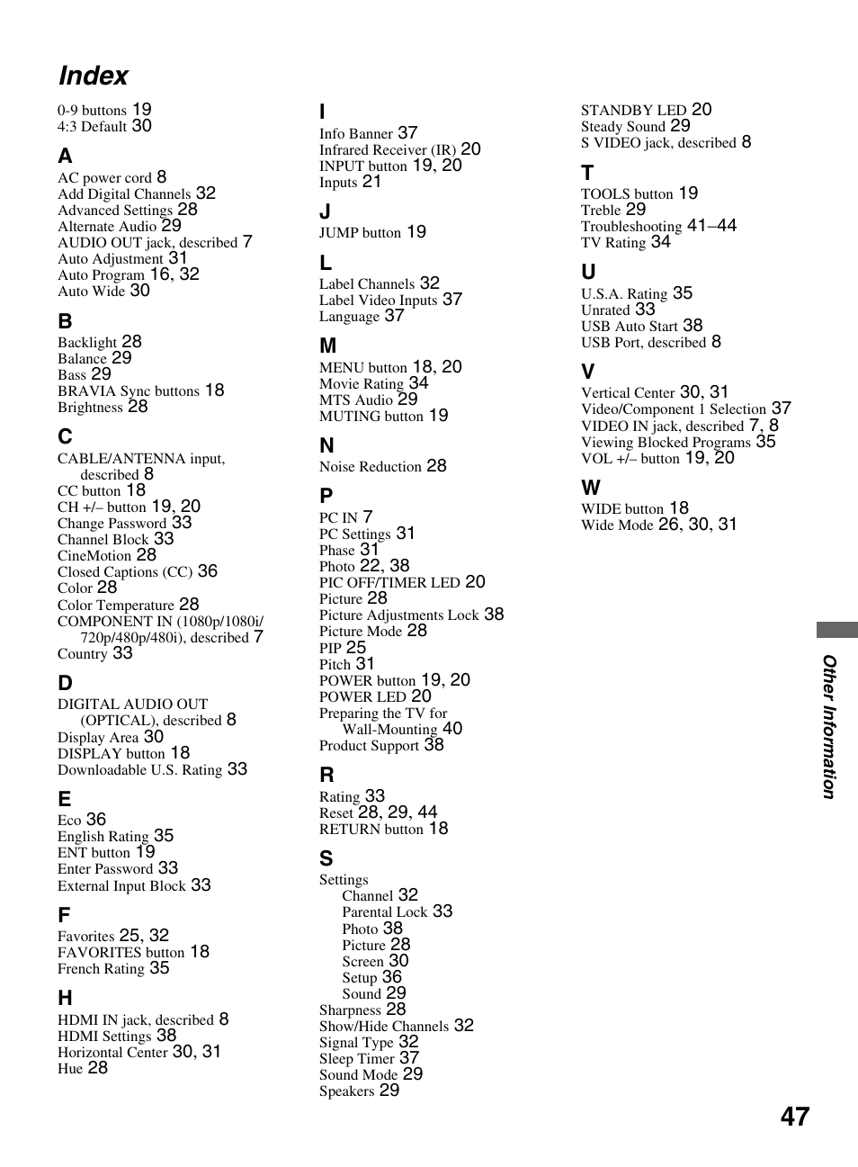 Index, 47 index | Sony KDL-32LL150 User Manual | Page 47 / 48