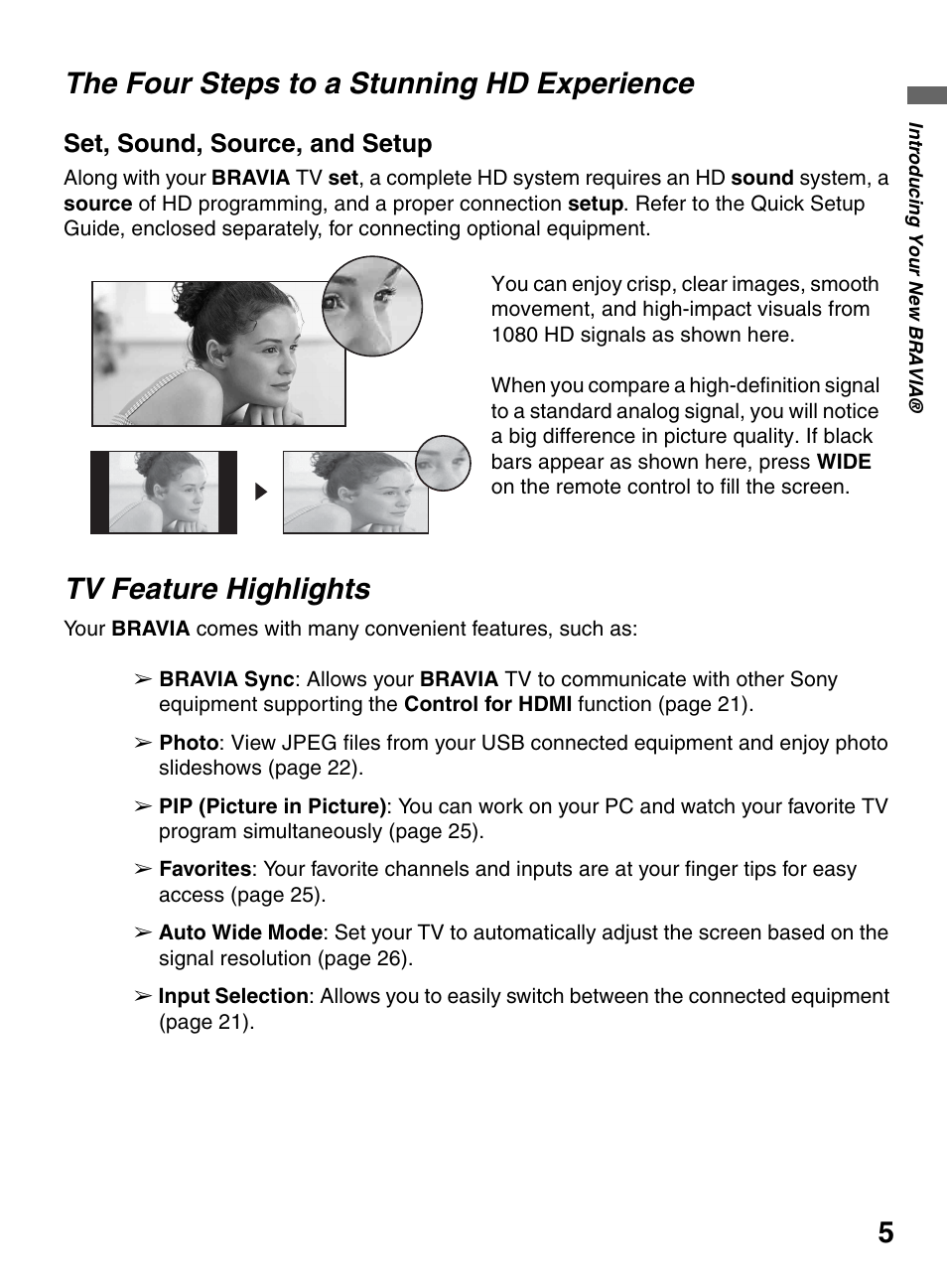 The four steps to a stunning hd, Experience, Tv feature highlights | 5the four steps to a stunning hd experience, Set, sound, source, and setup | Sony KDL-32LL150 User Manual | Page 5 / 48