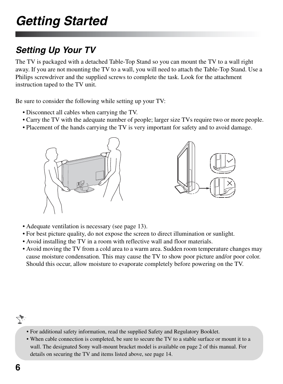Getting started, Setting up your tv | Sony KDL-32LL150 User Manual | Page 6 / 48