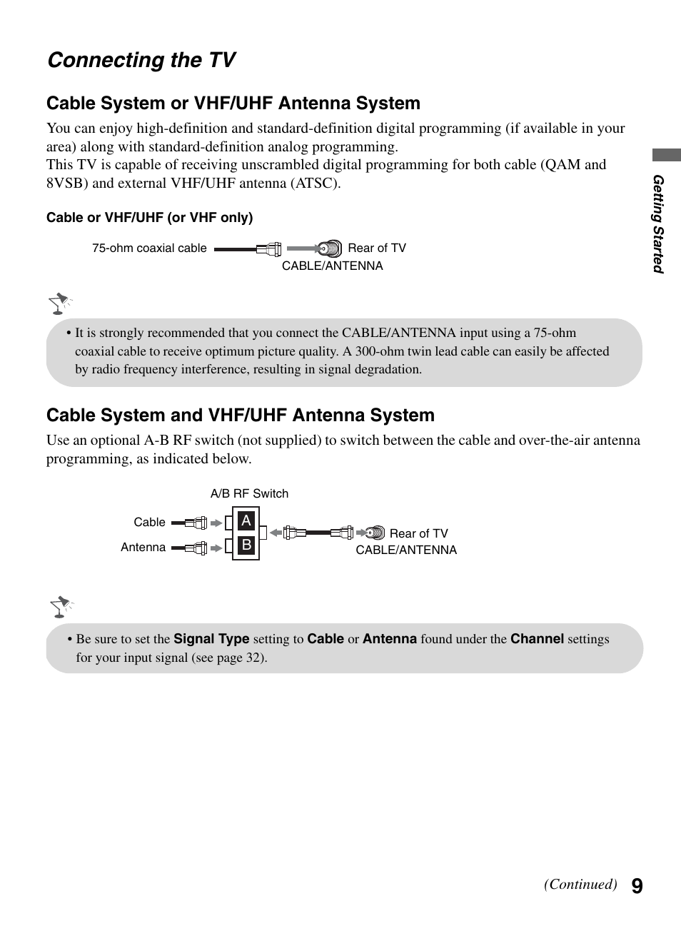 Connecting the tv, 9connecting the tv, Cable system or vhf/uhf antenna system | Cable system and vhf/uhf antenna system | Sony KDL-32LL150 User Manual | Page 9 / 48