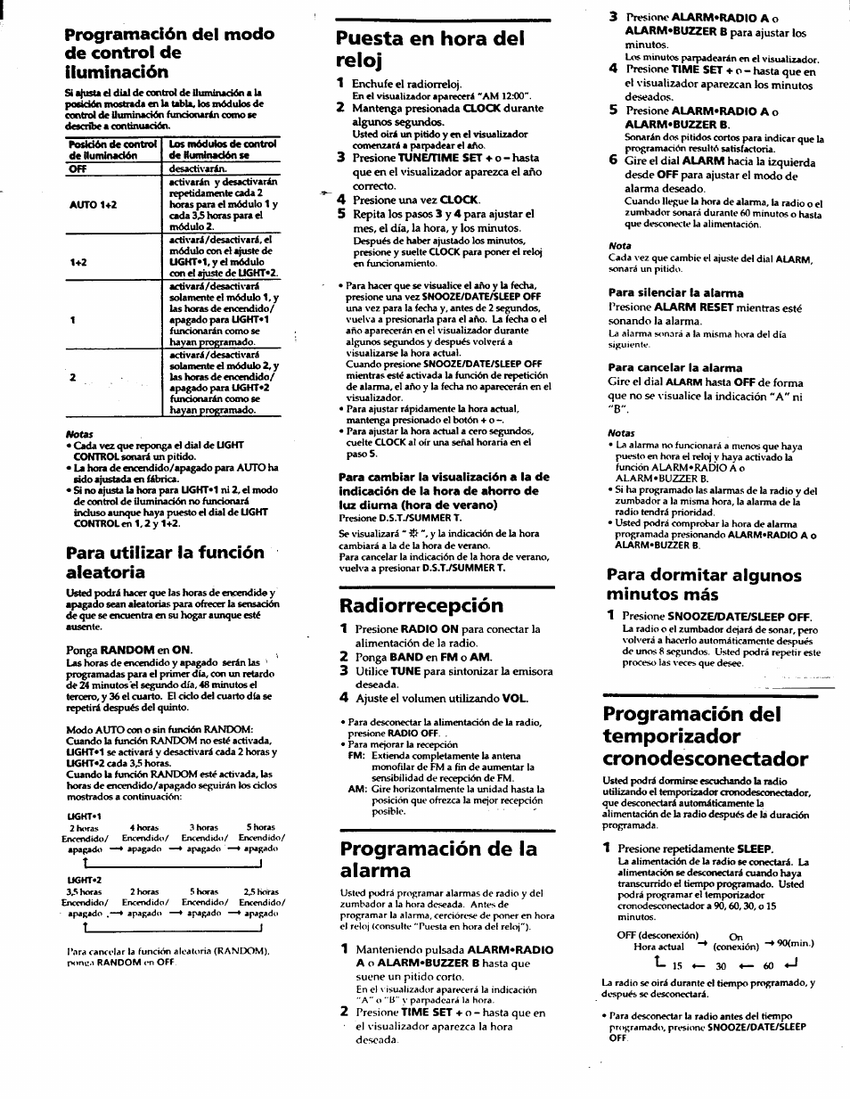 Programación del modo de control de iluminación, Para utilizar la función aleatoria, Para dormitar algunos minutos más | Puesta en hora del reloj, Radiorrecepción, Programación de la alarma, Programación del temporizador cronodesconectador, T__________________ i | Sony ICF-C900HS User Manual | Page 12 / 13