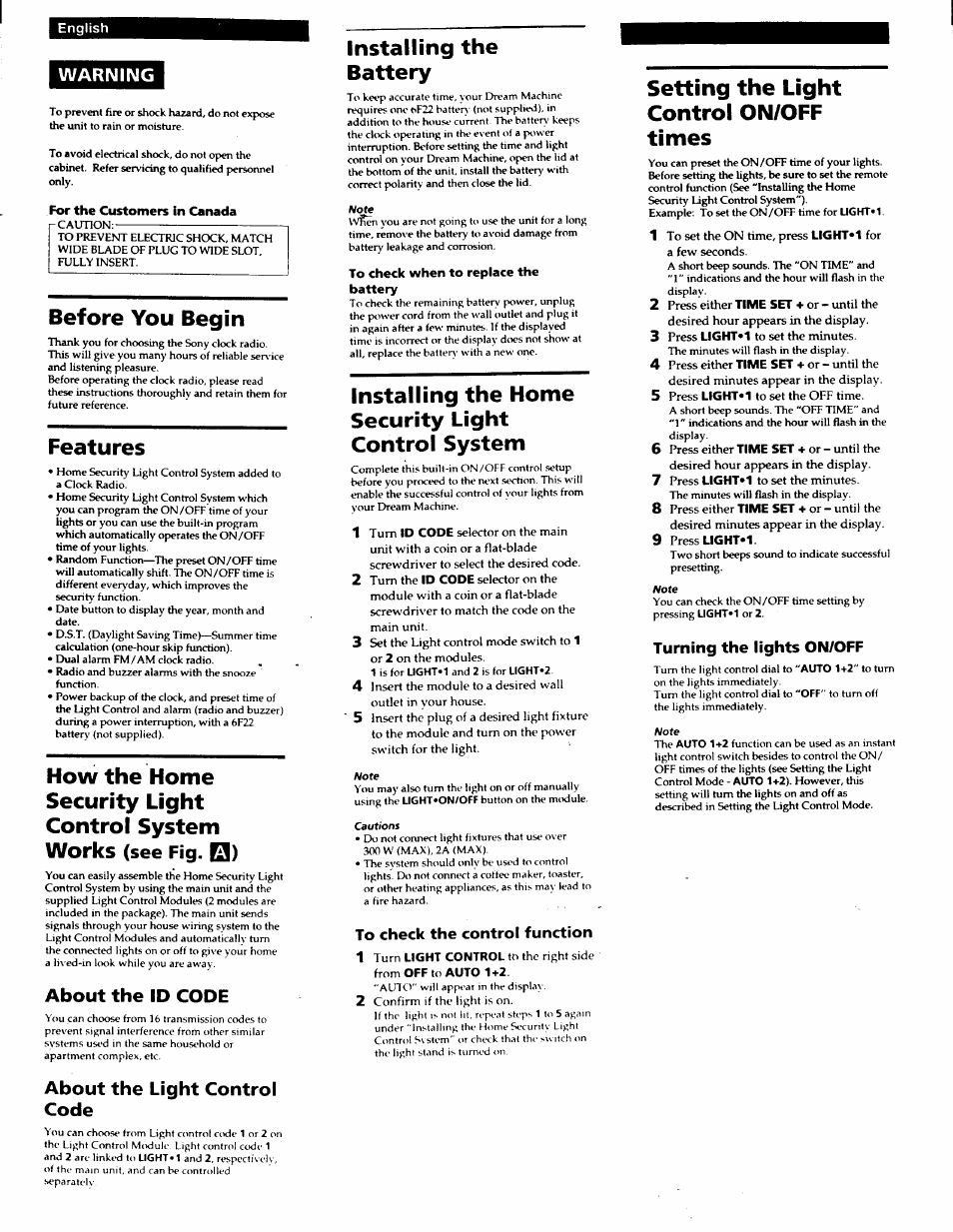 English, Warning, About the id code | About the light control code, To check the control function, Turning the lights on/off, Before you begin, Features, How the home security light control system works, Installing the battery | Sony ICF-C900HS User Manual | Page 4 / 13