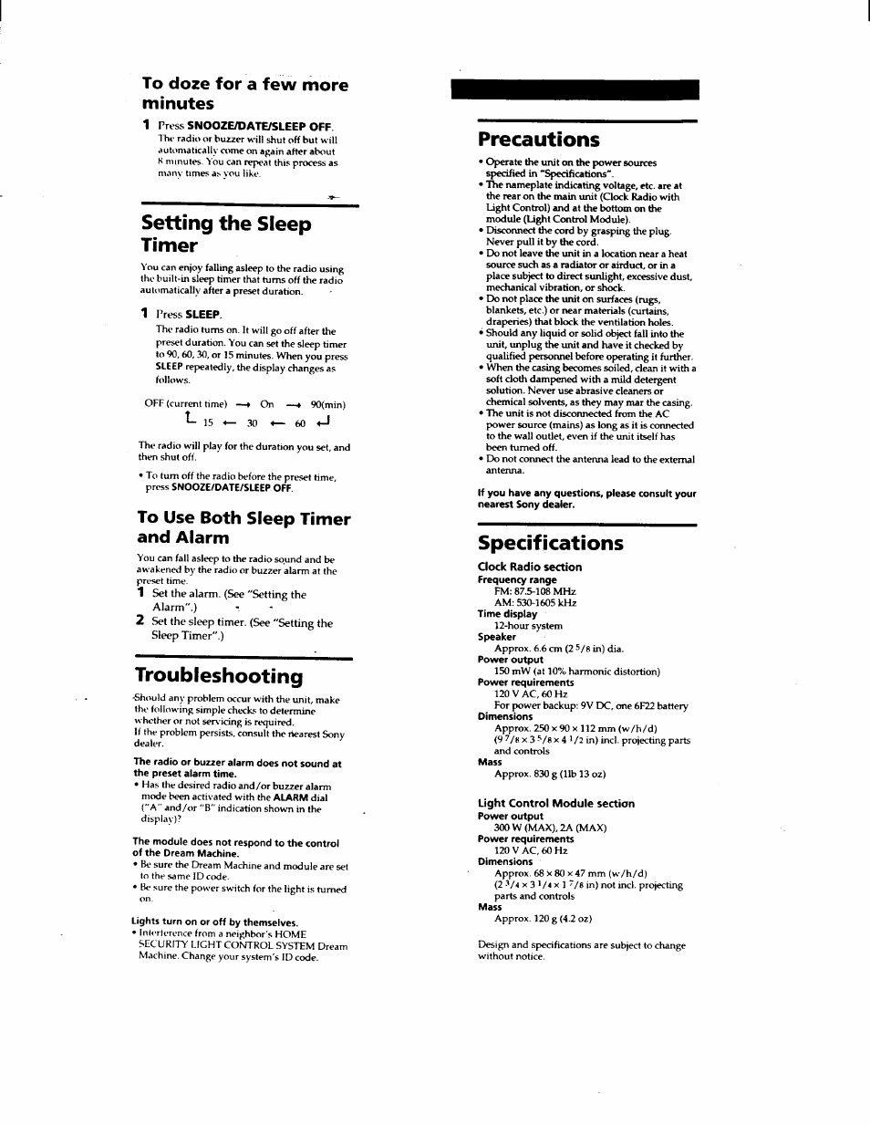 To doze for a few more minutes, To use both sleep timer and alarm, Clock radio section | Light control module section, Setting the sleep timer, Troubleshooting, Precautions, Specifications | Sony ICF-C900HS User Manual | Page 6 / 13