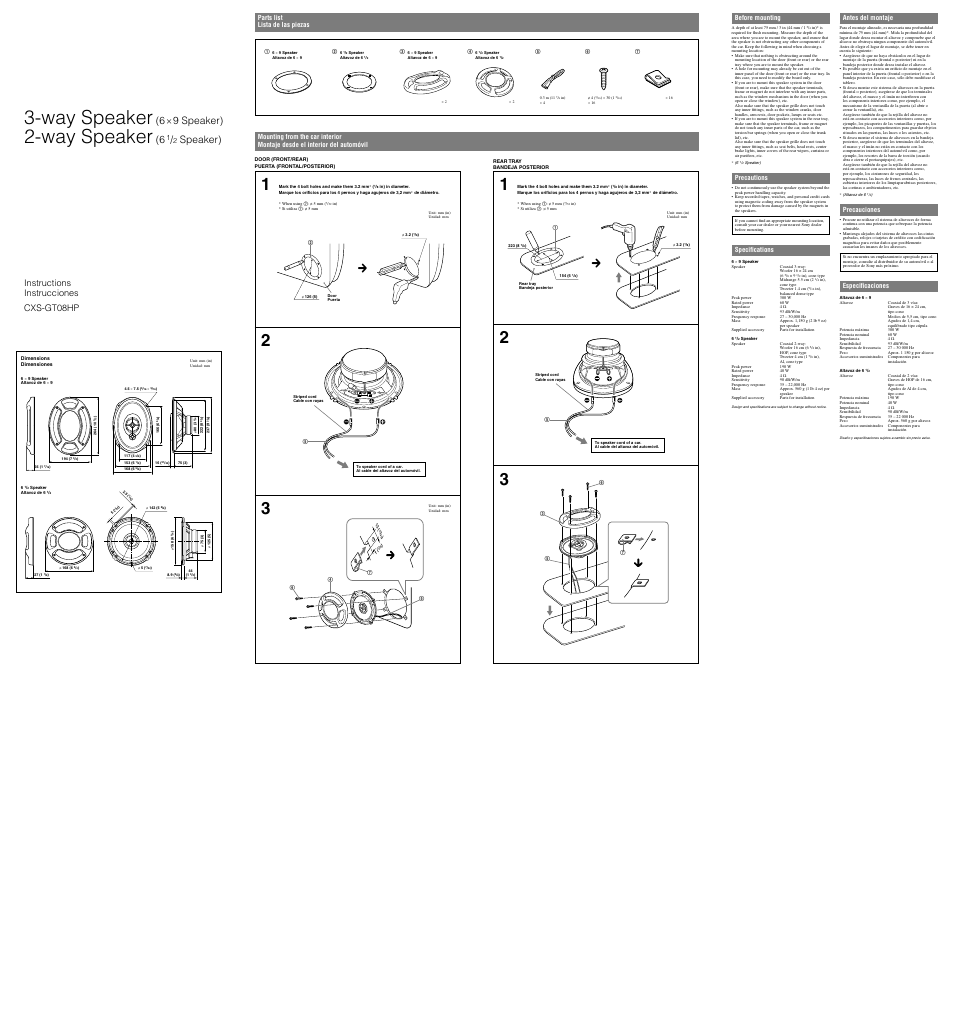 Way speaker, 6 × 9 speaker), Speaker) | Instructions instrucciones, Cxs-gt08hp | Sony CXS-GT08HP User Manual | Page 2 / 2