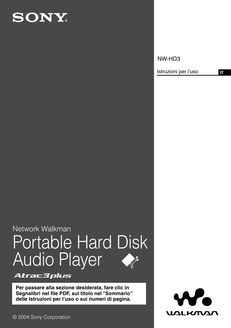 Italiano, Istruzioni per l’uso, Portable hard disk audio player | Sony NW-HD3 User Manual | Page 159 / 358