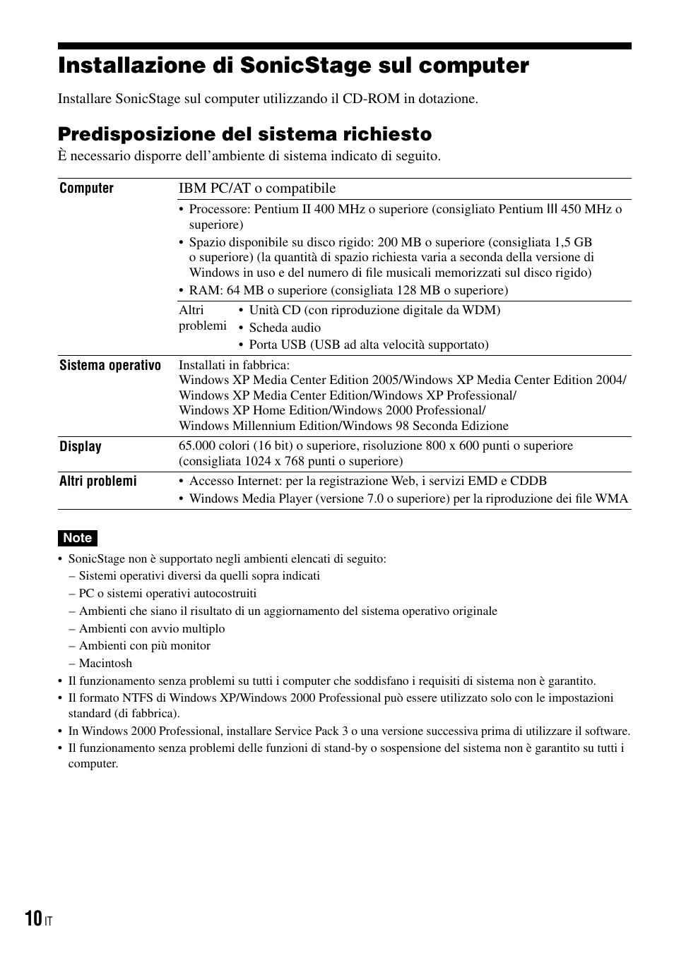 Installazione di sonicstage sul computer, Predisposizione del sistema richiesto, Installazione di sonicstage sul | Computer | Sony NW-HD3 User Manual | Page 168 / 358