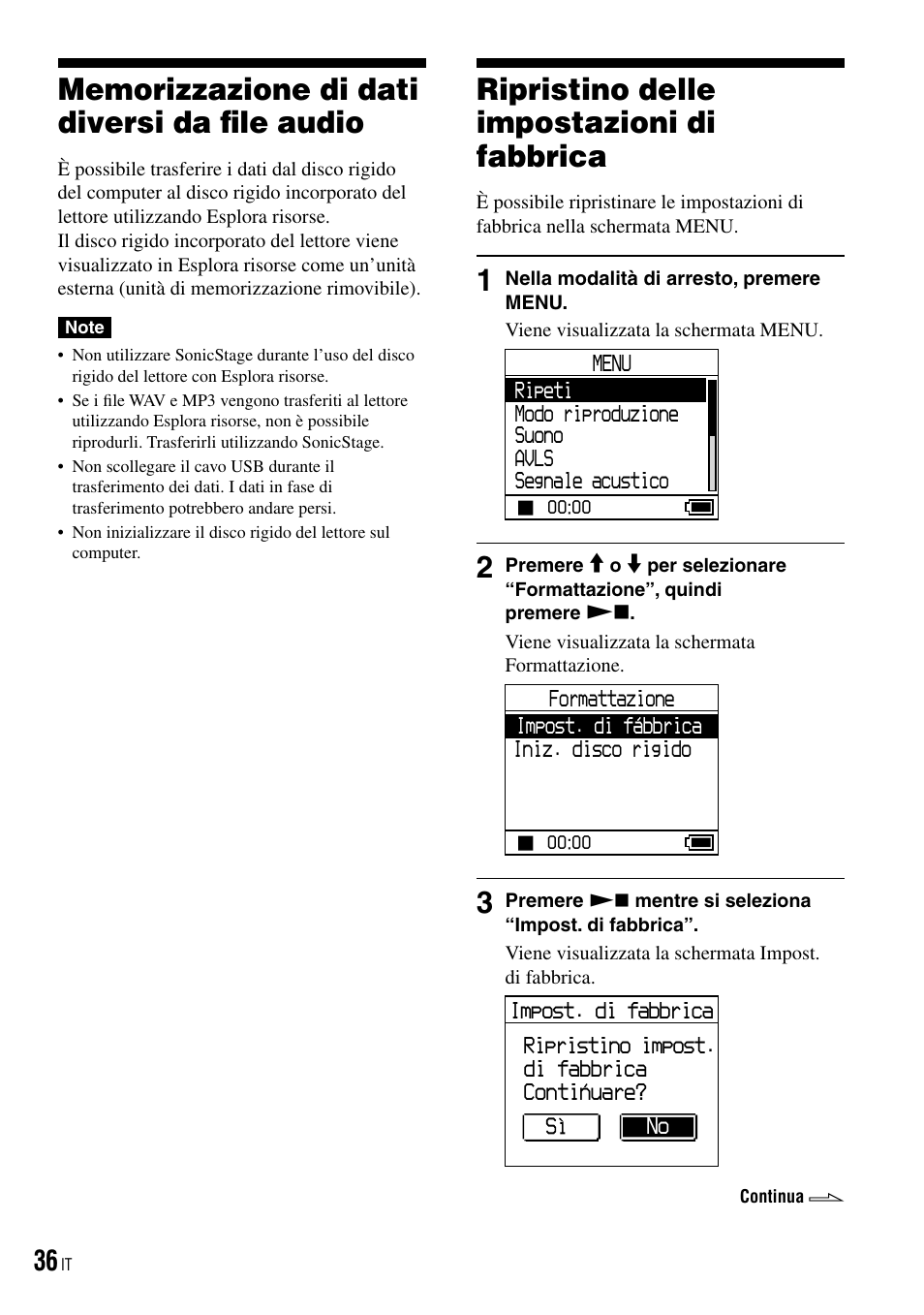 Memorizzazione di dati diversi da file audio, Ripristino delle impostazioni di fabbrica, Memorizzazione di dati diversi da file | Audio, Ripristino delle impostazioni di, Fabbrica | Sony NW-HD3 User Manual | Page 194 / 358