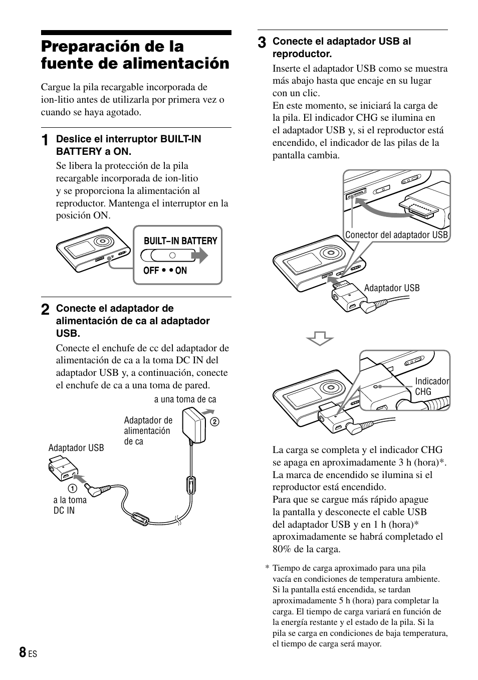 Preparación de la fuente de alimentación, Preparación de la fuente de, Alimentación | Sony NW-HD3 User Manual | Page 216 / 358