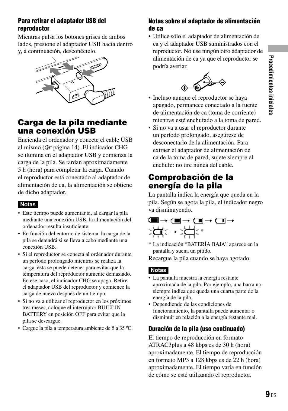 Carga de la pila mediante una conexión usb, Comprobación de la energía de la pila, Carga de la pila mediante una conexión | Sony NW-HD3 User Manual | Page 217 / 358