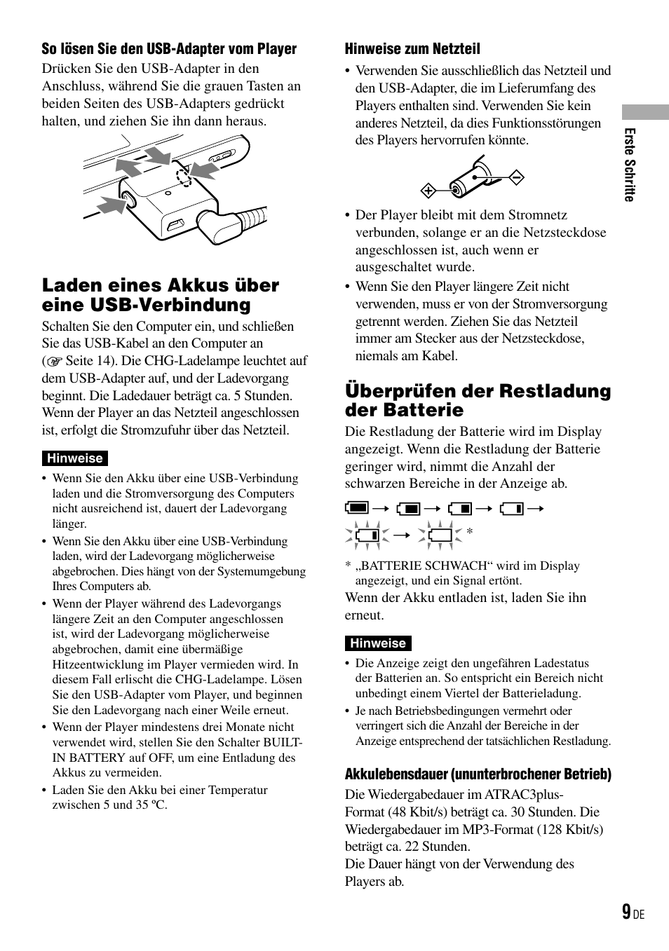 Laden eines akkus über eine usb-verbindung, Überprüfen der restladung der batterie, Laden eines akkus über eine usb | Verbindung, Seite 9) | Sony NW-HD3 User Manual | Page 267 / 358