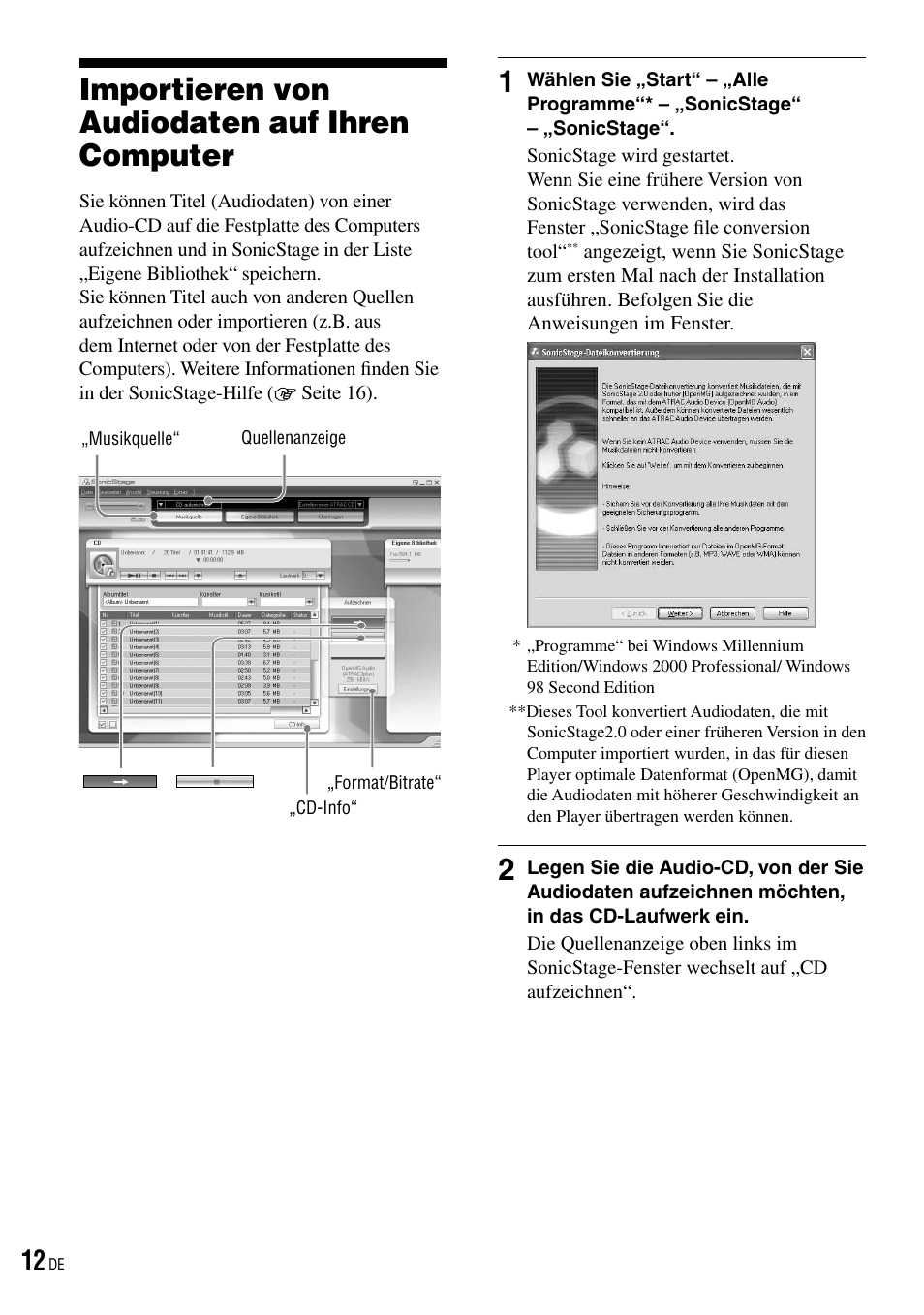 Importieren von audiodaten auf ihren computer, Importieren von audiodaten, Auf ihren computer | Sony NW-HD3 User Manual | Page 270 / 358