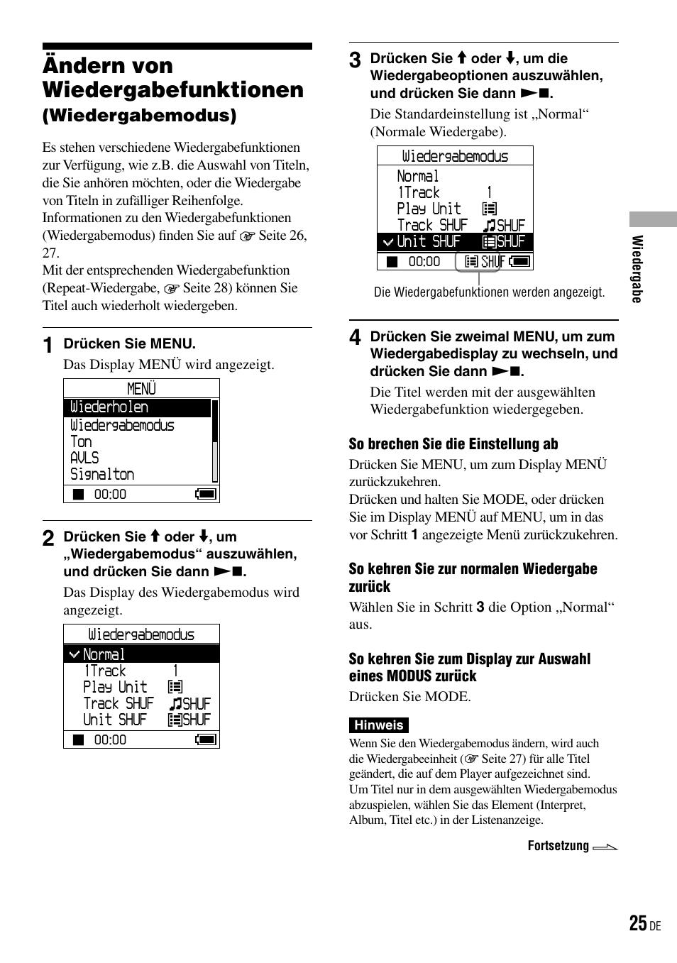 Ändern von wiedergabefunktionen (wiedergabemodus), Ändern von wiedergabefunktionen, Wiedergabemodus) | Seite 25, 29), Abemodusanzeige ( seite 25) | Sony NW-HD3 User Manual | Page 283 / 358