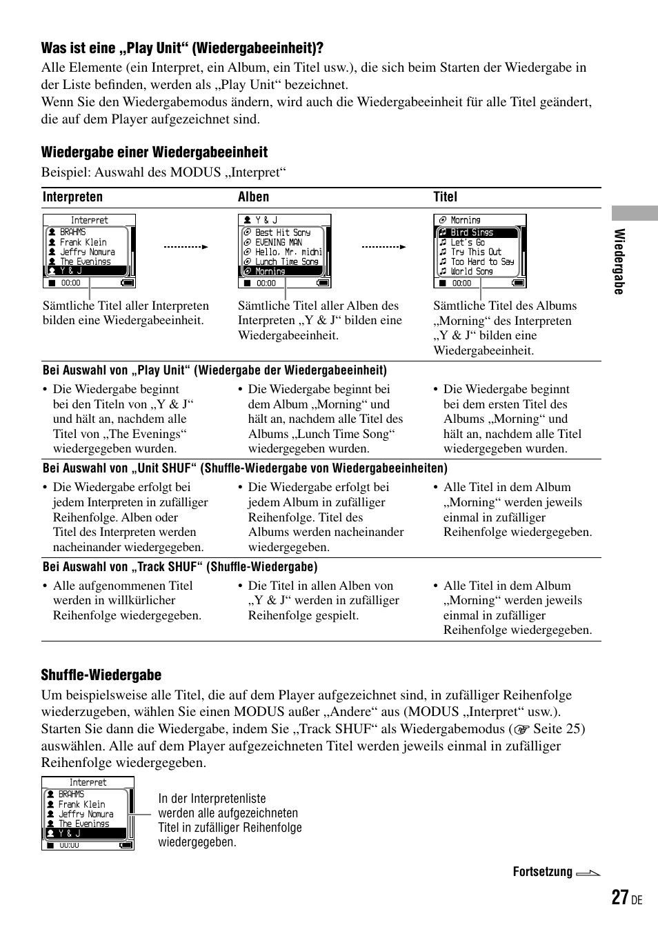 Seite 27), Wiedergabe einer wiedergabeeinheit, Shuffle-wiedergabe | Sony NW-HD3 User Manual | Page 285 / 358