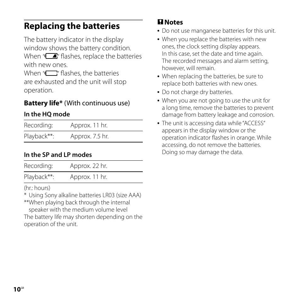 Replacing the batteries | Sony ICD-P620 User Manual | Page 10 / 56