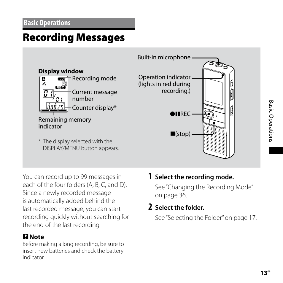 Basic operations, Recording messages | Sony ICD-P620 User Manual | Page 13 / 56