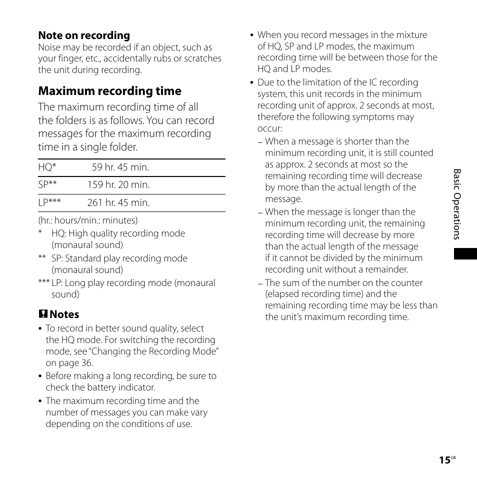 Maximum recording time | Sony ICD-P620 User Manual | Page 15 / 56