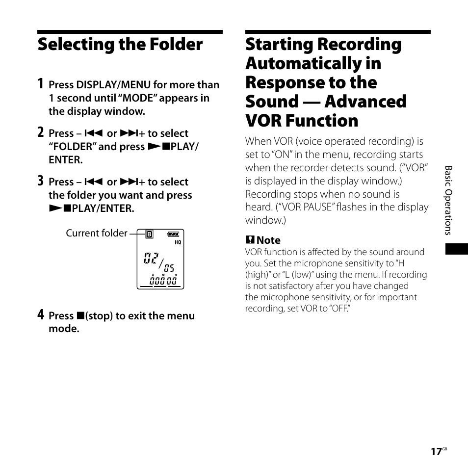 Selecting the folder, In response to the sound, Advanced vor function | Sony ICD-P620 User Manual | Page 17 / 56