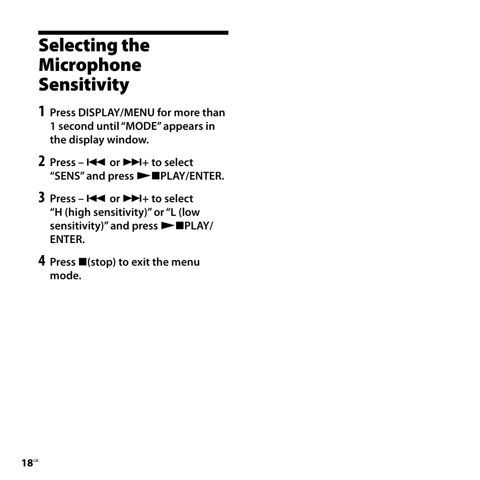 Selecting the microphone sensitivity, Selecting the microphone, Sensitivity | Sony ICD-P620 User Manual | Page 18 / 56