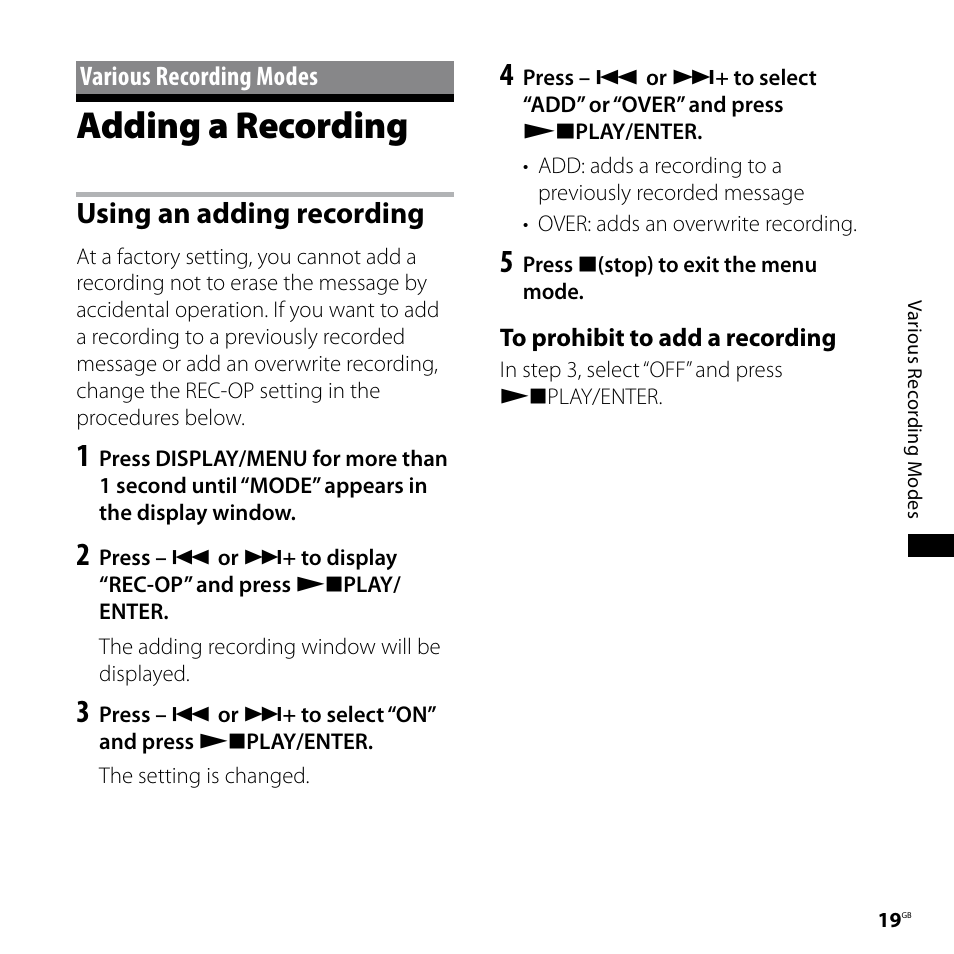 Various recording modes, Adding a recording, Using an adding recording | Sony ICD-P620 User Manual | Page 19 / 56