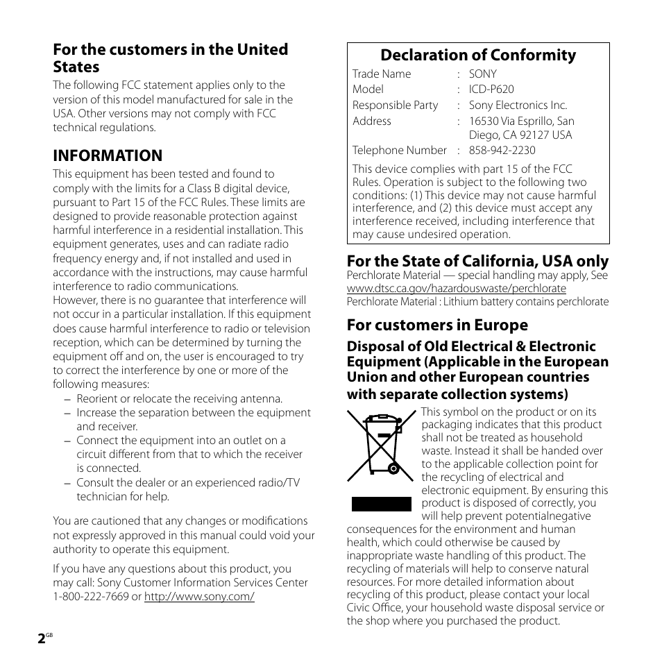 For the customers in the united states, Information, Declaration of conformity | For the state of california, usa only, For customers in europe | Sony ICD-P620 User Manual | Page 2 / 56