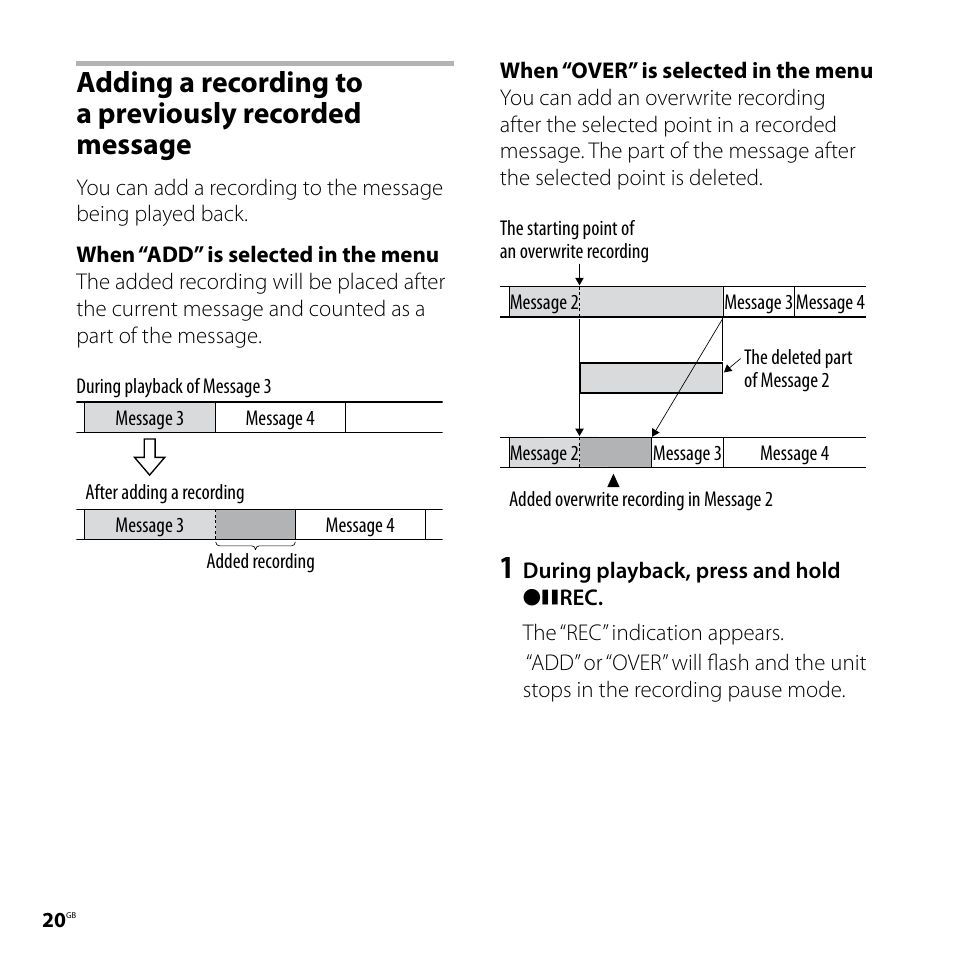 Adding a recording to a, Previously recorded message | Sony ICD-P620 User Manual | Page 20 / 56