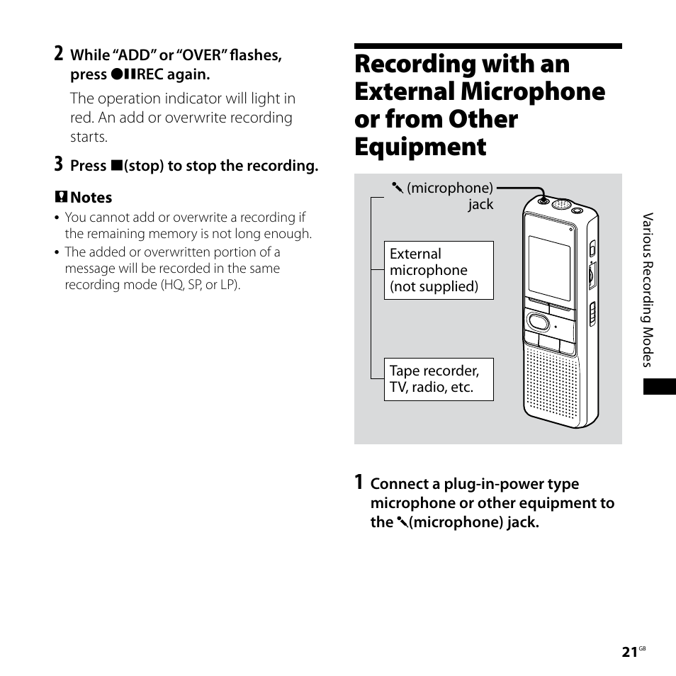 Recording with an external, Microphone or from other, Equipment | Sony ICD-P620 User Manual | Page 21 / 56