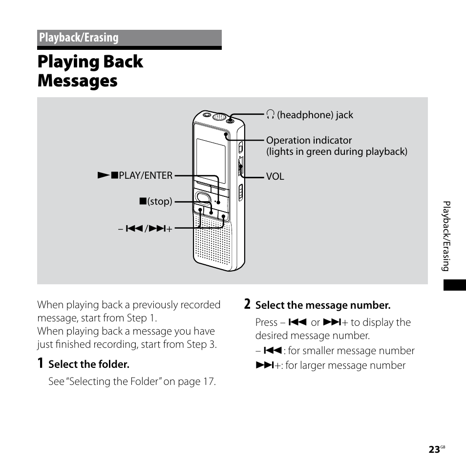 Playback/erasing, Playing back messages | Sony ICD-P620 User Manual | Page 23 / 56