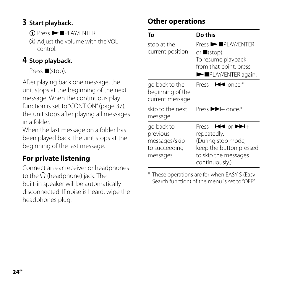 For private listening, Other operations | Sony ICD-P620 User Manual | Page 24 / 56